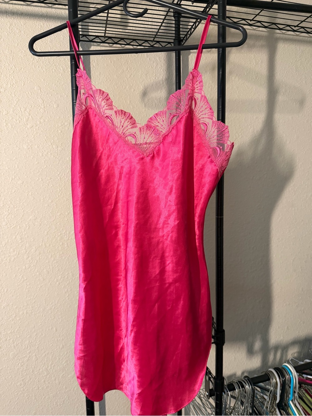 Victoria's Secret Hot Pink Satin Lace-Trim Slip